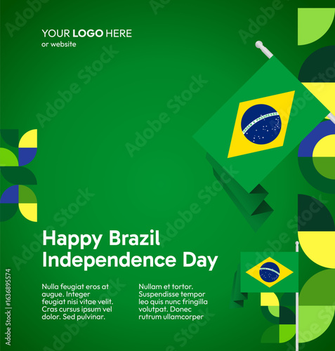 Happy Brazil Independence Day. Social post template with flag and geometric art. Happy National Day, September 7th. Perfect for poster, greeting card, sale day, and cover illustration