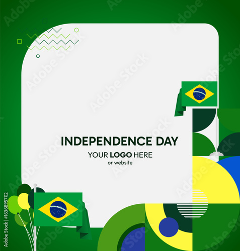 Happy Brazil Independence Day. Social post template with flag and geometric art. Happy National Day, September 7th. Perfect for poster, greeting card, sale day, and cover illustration