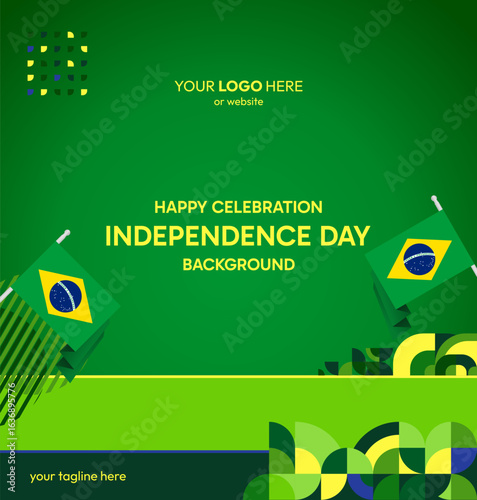 Happy Brazil Independence Day. Social post template with flag and geometric art. Happy National Day, September 7th. Perfect for poster, greeting card, sale day, and cover illustration