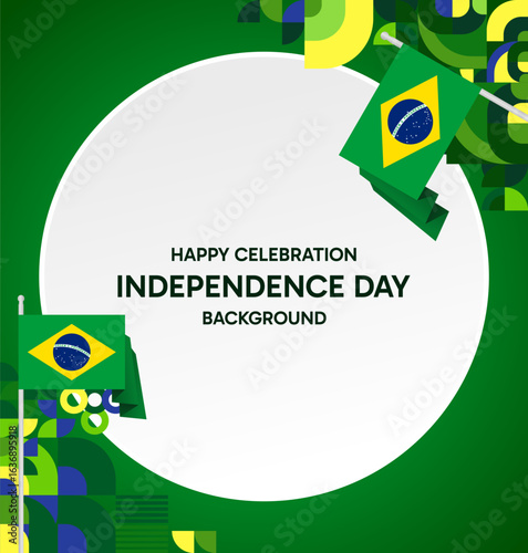 Happy Brazil Independence Day. Social post template with flag and geometric art. Happy National Day, September 7th. Perfect for poster, greeting card, sale day, and cover illustration