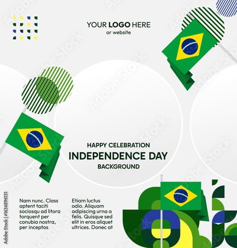 Happy Brazil Independence Day. Social post template with flag and geometric art. Happy National Day, September 7th. Perfect for poster, greeting card, sale day, and cover illustration