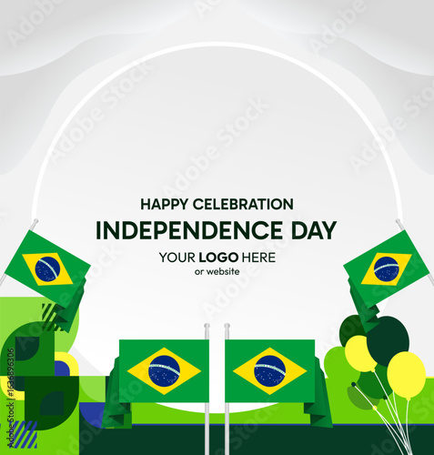 Happy Brazil Independence Day. Social post template with flag and geometric art. Happy National Day, September 7th. Perfect for poster, greeting card, sale day, and cover illustration