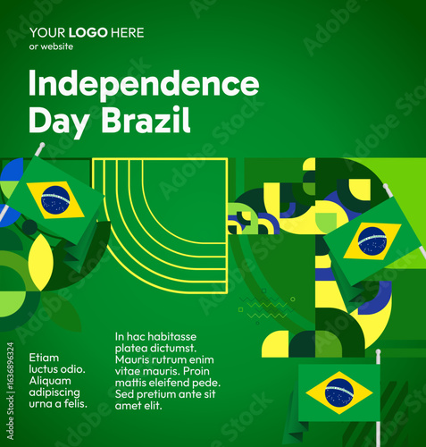 Happy Brazil Independence Day. Social post template with flag and geometric art. Happy National Day, September 7th. Perfect for poster, greeting card, sale day, and cover illustration