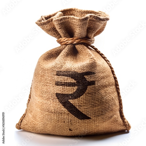 A burlap money bag with a rupee symbol, representing indian currency, savings, and financial assets
