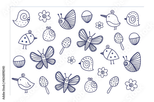 Doodle animals illustration: A playful collection of charming doodles featuring whimsical birds, fluttering butterflies, delicate flowers, snails, and quirky bugs.