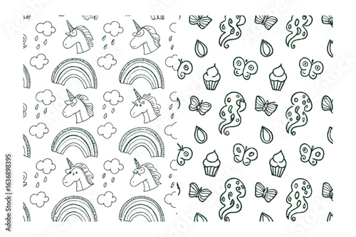 Magical Pattern of Unicorns, Rainbows, and Cupcakes: whimsical and playful design with hand-drawn unicorns, rainbows, clouds, cupcakes, and other delightful elements to spark joy and imagination.