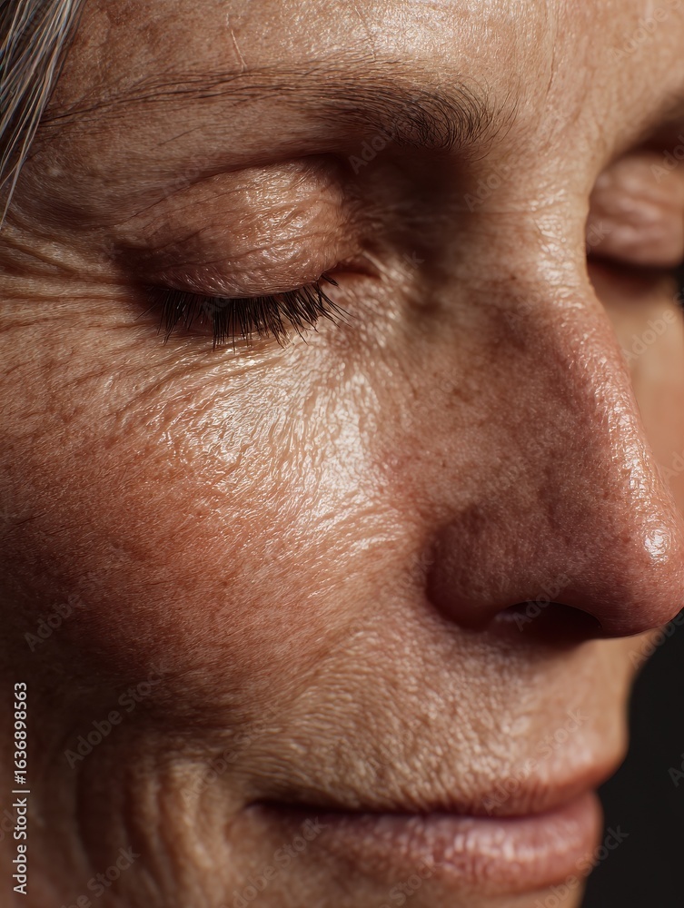 Obraz premium a closeup of a 50yearold woman skin under natural light highlighting her fine lines and natural texture with a soft and serene expression