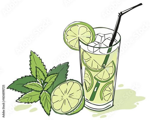 Watercolor Mojito Cocktail Illustration – Refreshing Mint and Lime Drink Art

