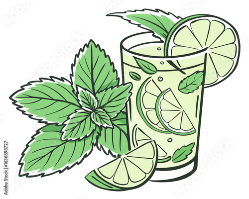 Watercolor Mojito Cocktail Illustration – Refreshing Mint and Lime Drink Art

