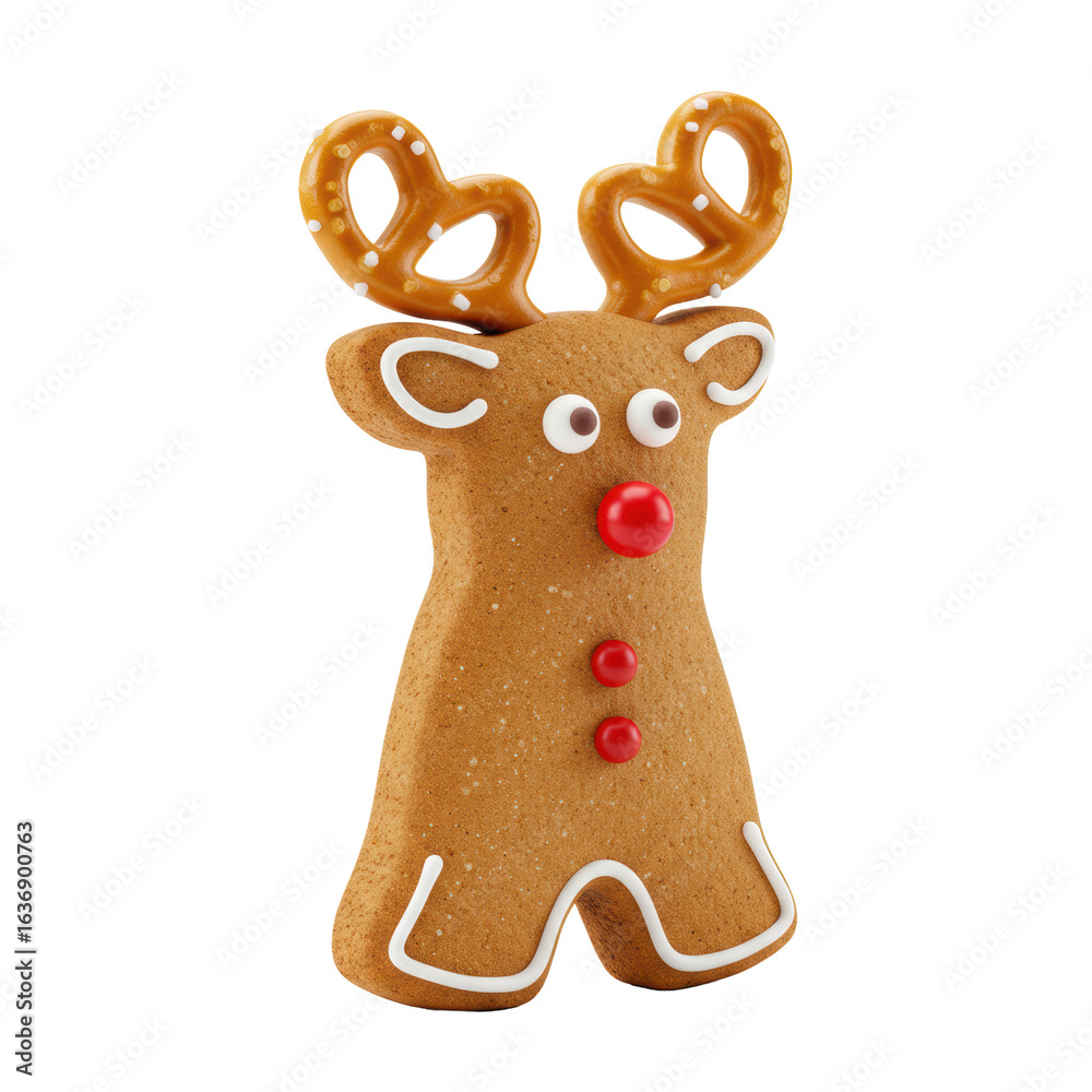 Naklejka premium A perfectly baked, high-definition gingerbread reindeer cookie with white icing eyes, a red candy nose, and pretzel antlers, dusted with powdered sugar, standing on a transparent isolated