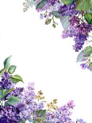 watercolor spring floral frame with lilac and greenery corner border featuring purple flowers and green foliage watercolor