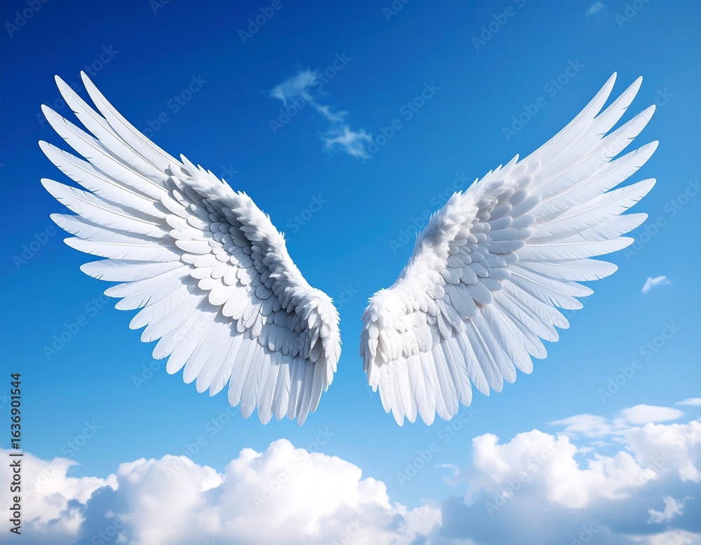 Fototapeta premium White angel wings against a vibrant blue sky