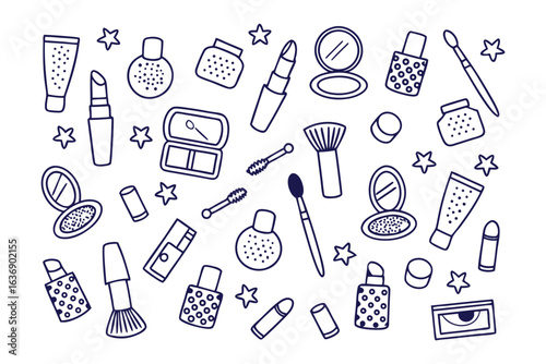 Beauty Essentials: A collection of cosmetics and beauty products, elegantly displayed in a top-down perspective. The scene is a tribute to self-care and glamour.