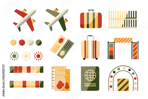 Set of Travel Elements: A curated collection of travel essentials, presented in a visually appealing and graphic style, perfect for inspiring wanderlust and adventure.
