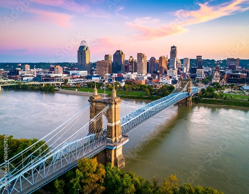 City skyline with bridge at sunset