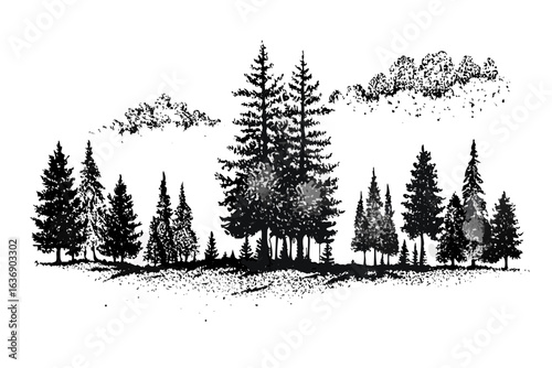 Abstract textured forest scene with glowing trees at night