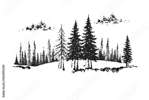 Monochromatic forest silhouette with stylized pine trees and clouds