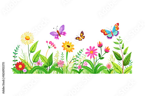 Colorful butterflies fluttering above a vibrant meadow of flowers