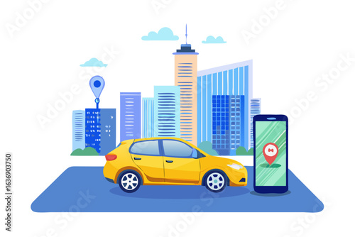 Yellow car and smartphone with location pin in city skyline background