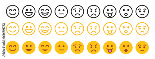 The Emoticon set features a collection of emoji faces in a colorful flat style. Include smile, happy, sad, angry, and surprised expressions color, simple line smiley face vector illustration.