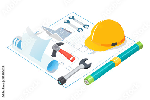 Construction blueprint with tools and safety helmet for building projects