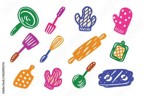 Culinary Essentials Collection: A delightful collection of hand-drawn kitchen tools, from spatulas and whisks to rolling pins and oven mitts. This artful array evokes the essence of cooking, baking.