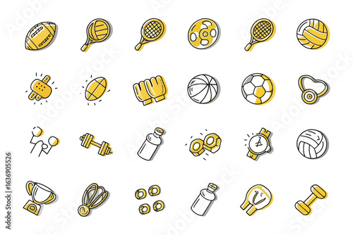 Sports Icon Assortment: A comprehensive collection of diverse sports icons, neatly arranged to illustrate various sporting disciplines, showcasing the essence of athletic pursuits in a cohesive.