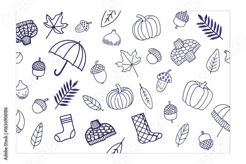 Autumnal Doodle Pattern: A charming, hand-drawn illustration showcases a variety of autumn symbols in a seamless, repeating pattern, creating a warm and inviting feel for seasonal designs.