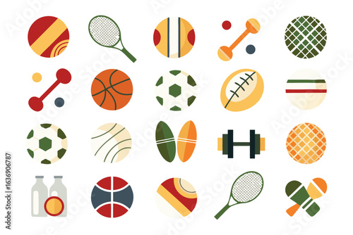 Iconic Sport Essentials: Vibrant illustration featuring diverse sports equipment, celebrating athleticism and recreation, perfect for graphic design projects and thematic content.