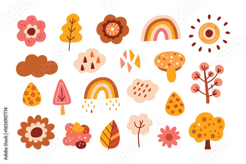Autumnal Whimsy: A vibrant illustration bursting with charming, hand-drawn elements of fall – from delightful flowers and graceful leaves to playful rainbows and whimsical mushrooms.