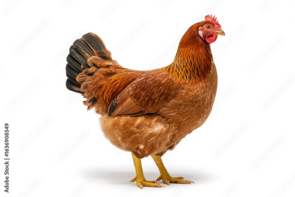 Fototapeta premium A beautifully feathered brown hen stands proudly with its tail feathers displayed against a clean white background