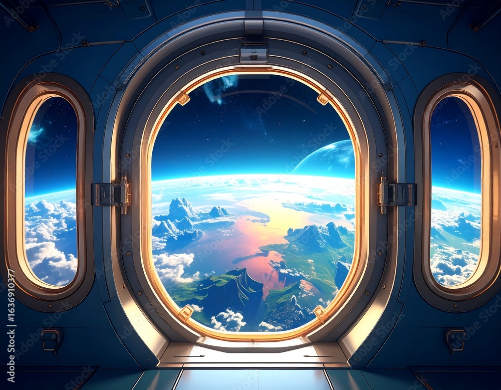 Fototapeta premium Spaceship porthole, Earth view