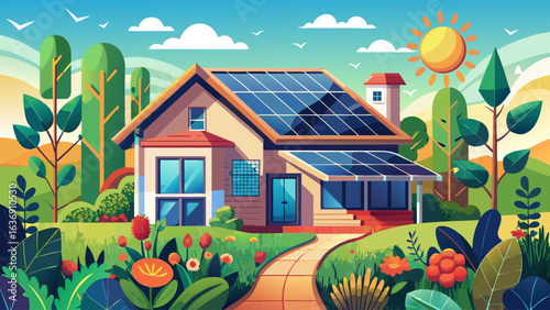 Eco-friendly home model surrounded by flowers, bushes, and vibrant grass. Renewable energy concept emphasized by modern solar design, soft shadows, detailed textures, horizontal composition, nature ha