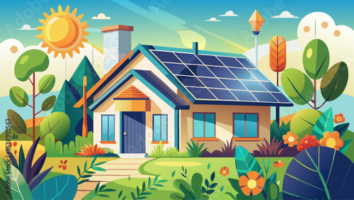 Eco-friendly home model surrounded by flowers, bushes, and vibrant grass. Renewable energy concept emphasized by modern solar design, soft shadows, detailed textures, horizontal composition, nature ha