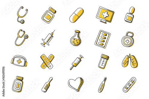 Medical Icons Illustration: A set of hand-drawn medical icons on a clean surface representing diverse healthcare elements for patient diagnosis and treatment.