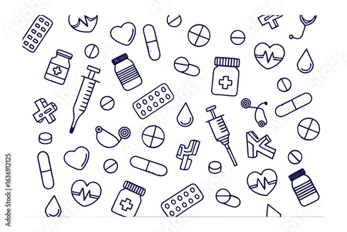 Healthcare Icons: Seamless pattern of hand-drawn medical icons representing health, wellness, and medication, symbolizing the interconnectedness of healthcare elements.