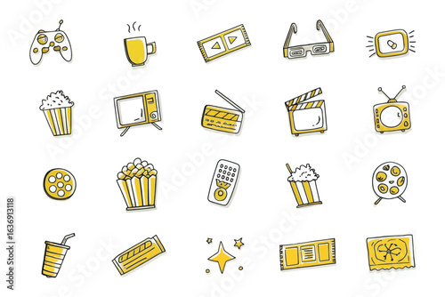 Movie Time Icons: A collection of whimsical, hand-drawn icons representing elements of cinema, designed in a clean, modern style with a touch of vintage charm.