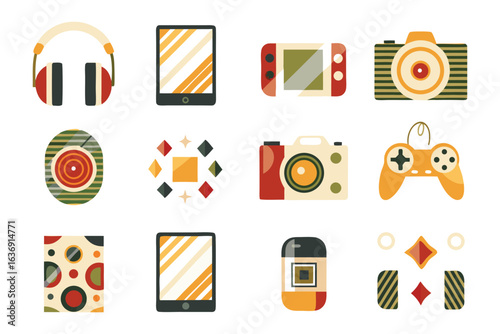 Tech Collection: An eye-level assortment of colorful technological icons, rendered in a flat design style. These captivating illustrations encompass headphones, tablets, handheld game consoles.