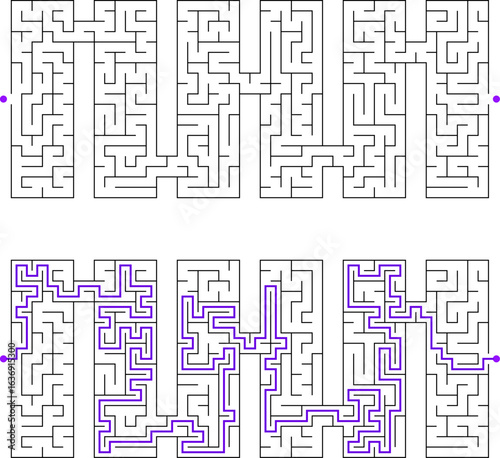 Vector labyrinth composed of 6 connected vertical rectangular mazes. Black and white riddle with entry and exit. Find the way through labyrinth puzzle.
