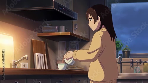 Anime woman making coffee in modern kitchen during morning. Seamless Loop Animation 4K.