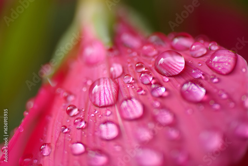 Delicate water drops resting on a vibrant pink petal, showcasing natural texture and freshness.