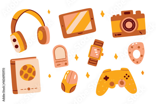 Gadgets: A curated collection of modern gadgets arranged in an overhead shot, ready for various usage and application.