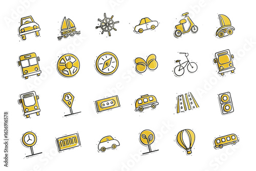 Transportation Sketch Icons: A collection of hand-drawn transportation icons in a doodle style, capturing the essence of various vehicles, nautical elements, and travel essentials.