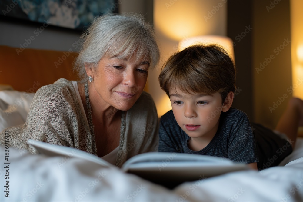 Elderly caucasian woman and young caucasian boy reading together in cozy room Elderly caucasian woman and young caucasian boy reading together in cozy room