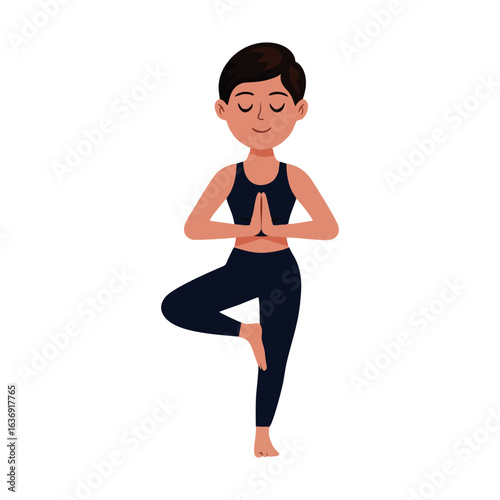 Calm and balanced woman holding a tree pose, embracing mindfulness, spiritual tranquility, and a harmonious, healthy lifestyle through yoga practice
