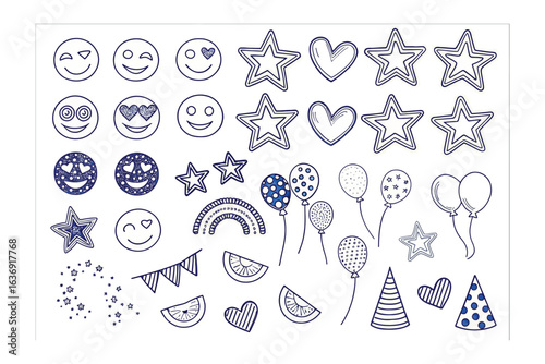 Delightful Doodle Collection: A charming collection of hand-drawn doodles in a playful blue hue, showcasing a range of cheerful symbols and fun elements that are sure to bring smiles.