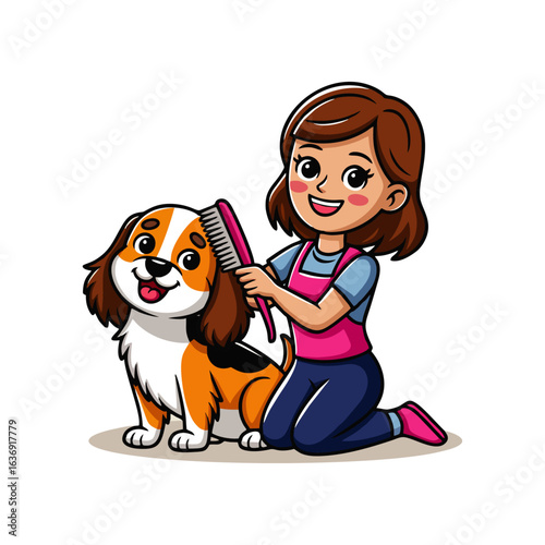 Smiling girl happily grooming an adorable tri-color dog, enjoying a joyful pet care moment while brushing the cute and friendly puppy
