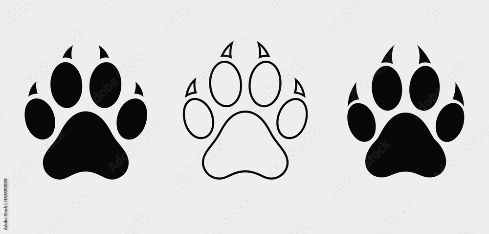 Fototapeta premium Three stylized paw prints in black and white outline and solid fill