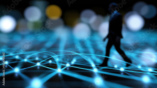 Silhouette of a person walking on a digital network at night with blurred lights