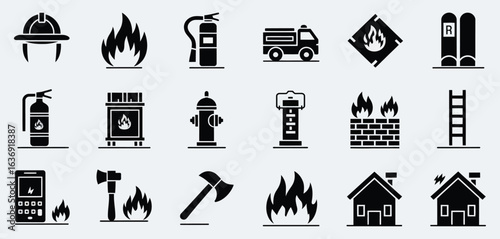 Collection of firefighter and fire safety icons in silhouette style